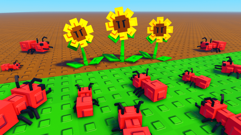 Sunflower units defending against red ants in Garden Tower Defense, official Roblox promo art